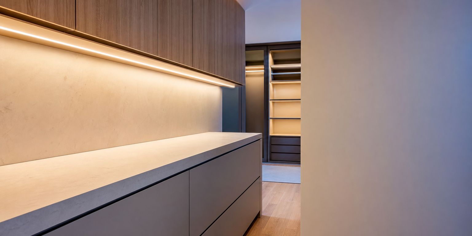 Real-life indoor LED strip lighting controlled by DC sensor dimmers
