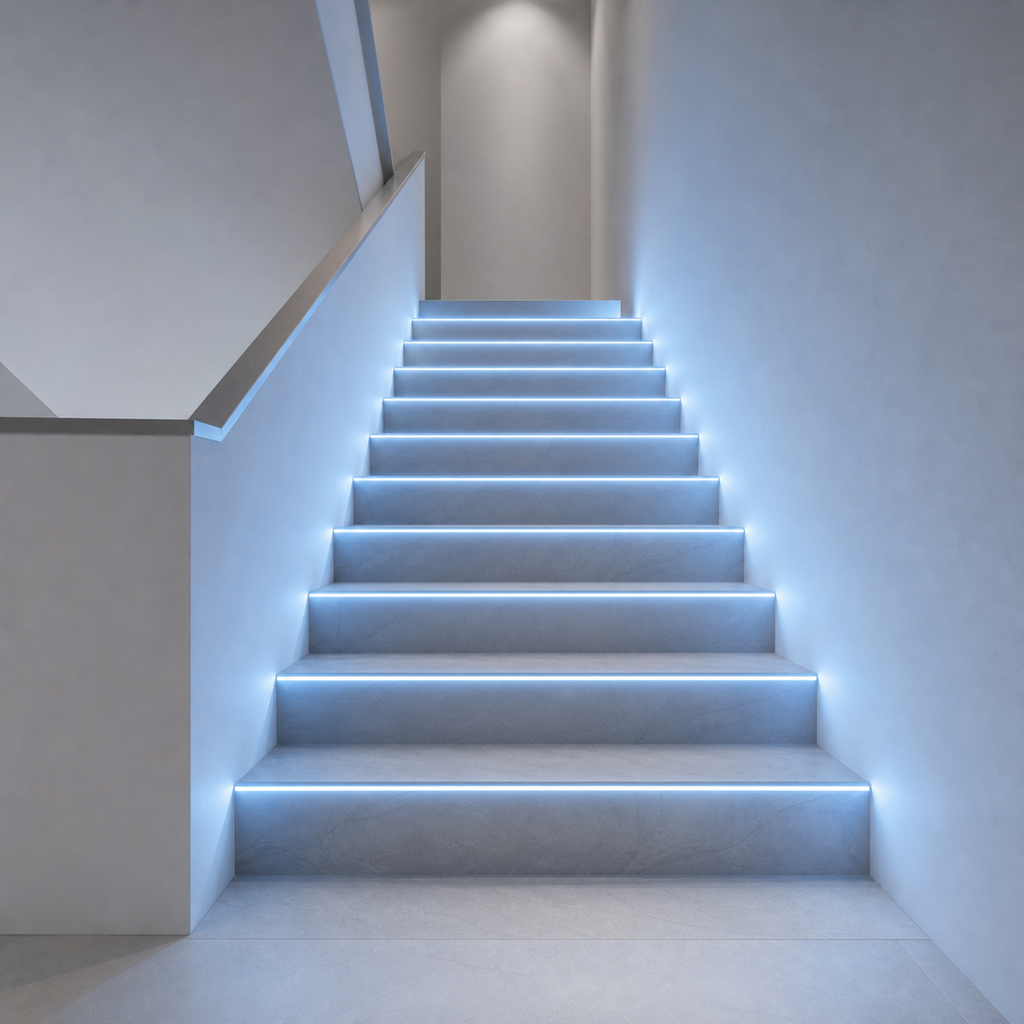Indoor stair lighting controlled by low voltage motion sensor