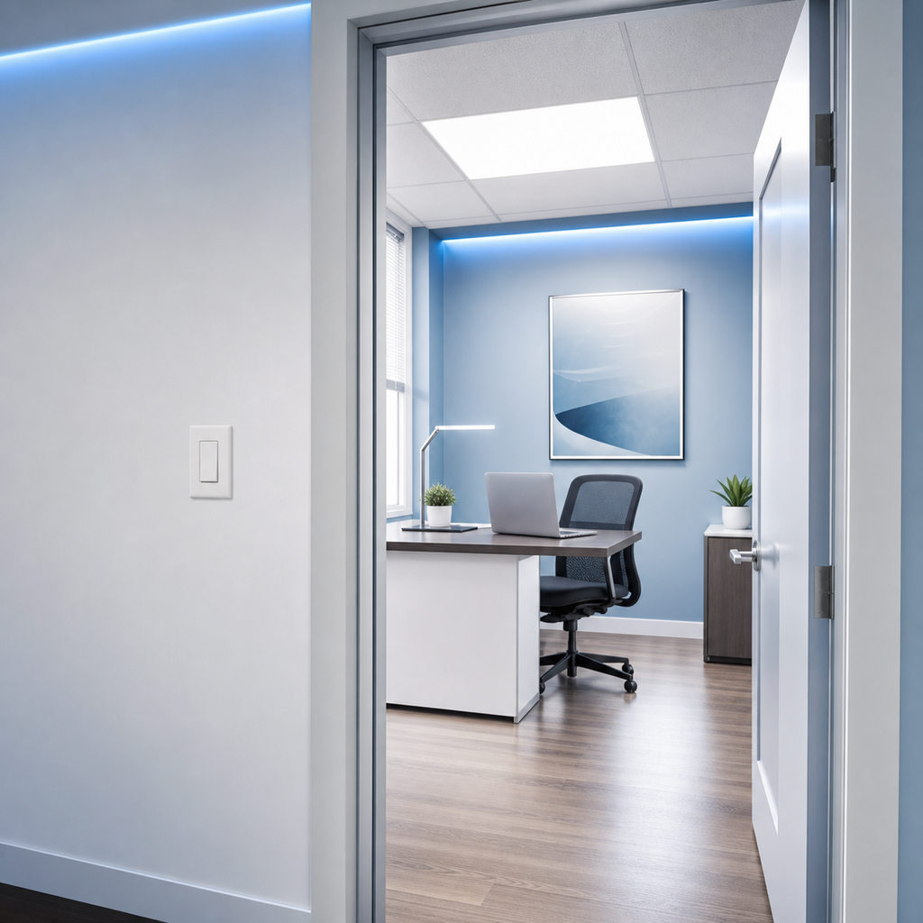 Indoor private office with wall mount motion sensor switch