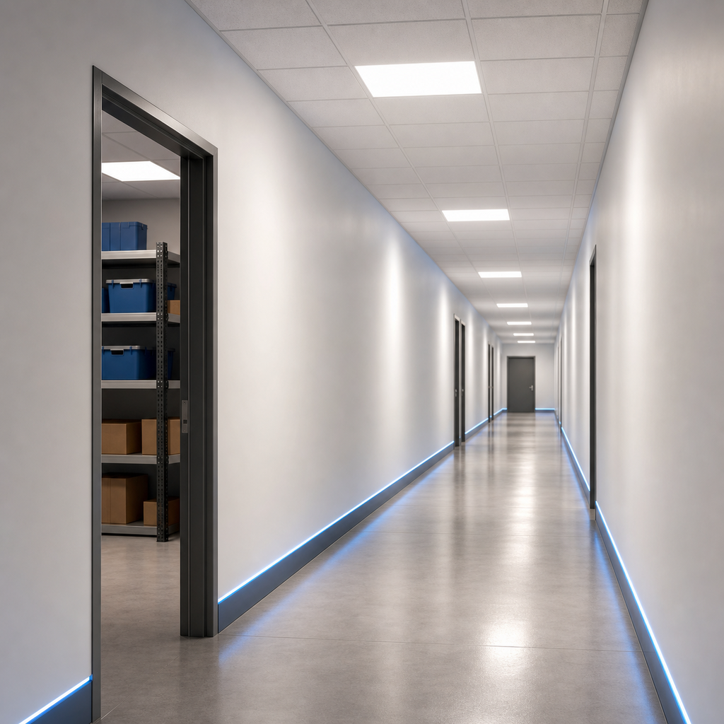 Indoor hallway controlled by wall mounted motion sensor