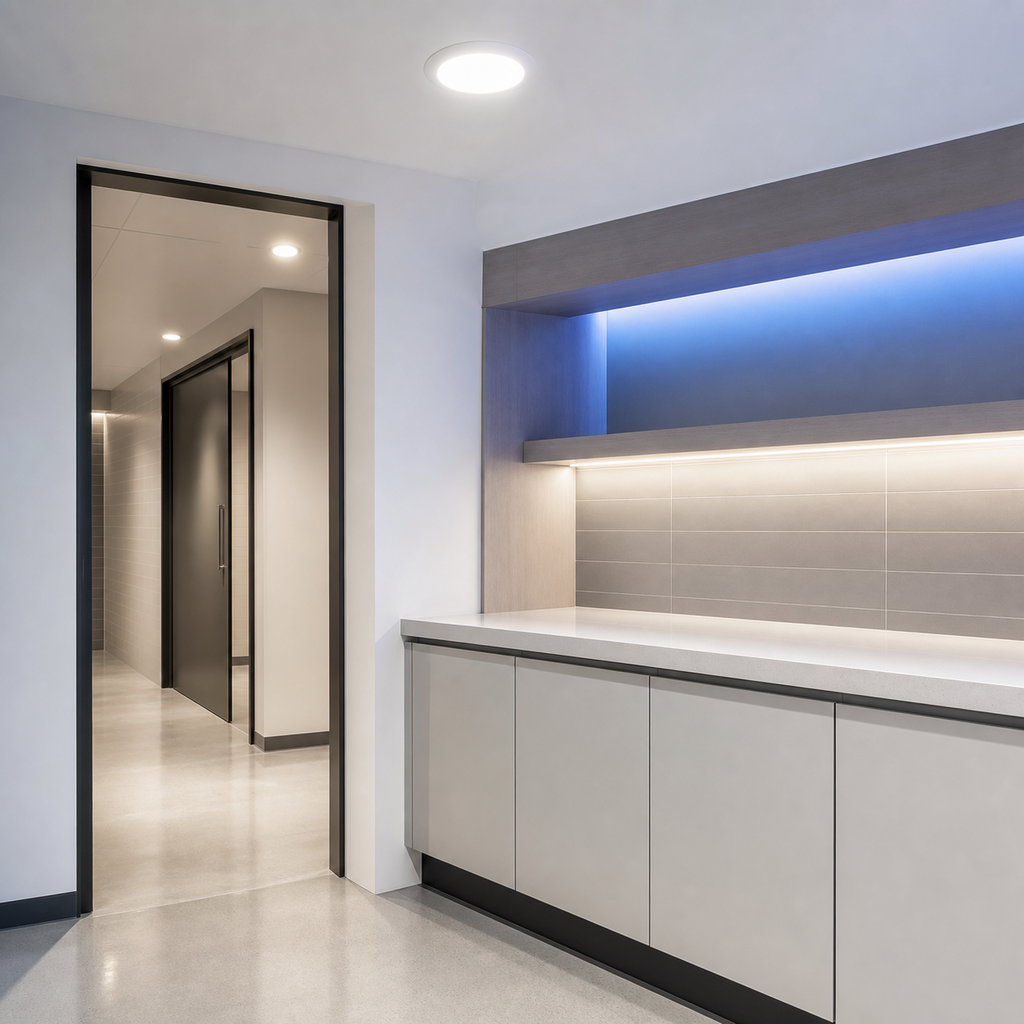 Indoor break room lighting controlled by wall mount occupancy sensor