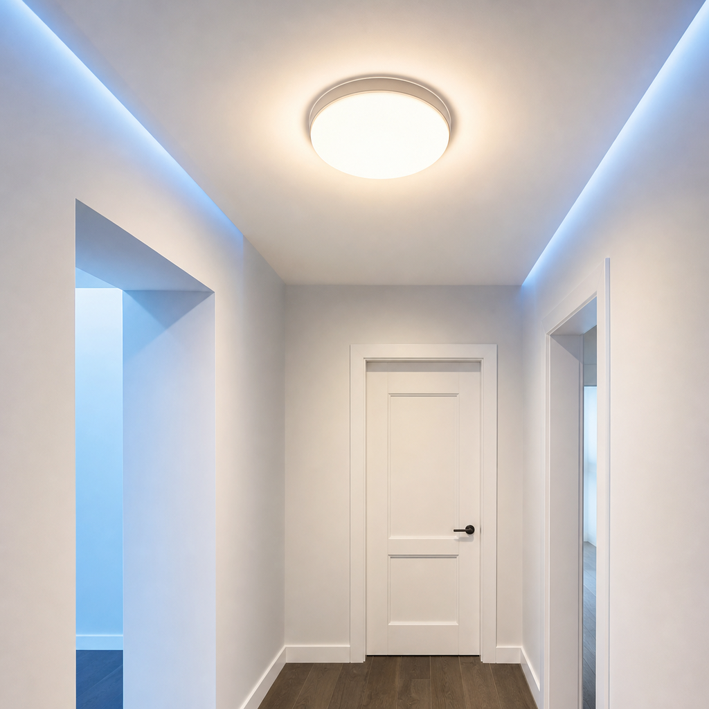 Indoor hardwired fixture controlled by wireless motion sensor