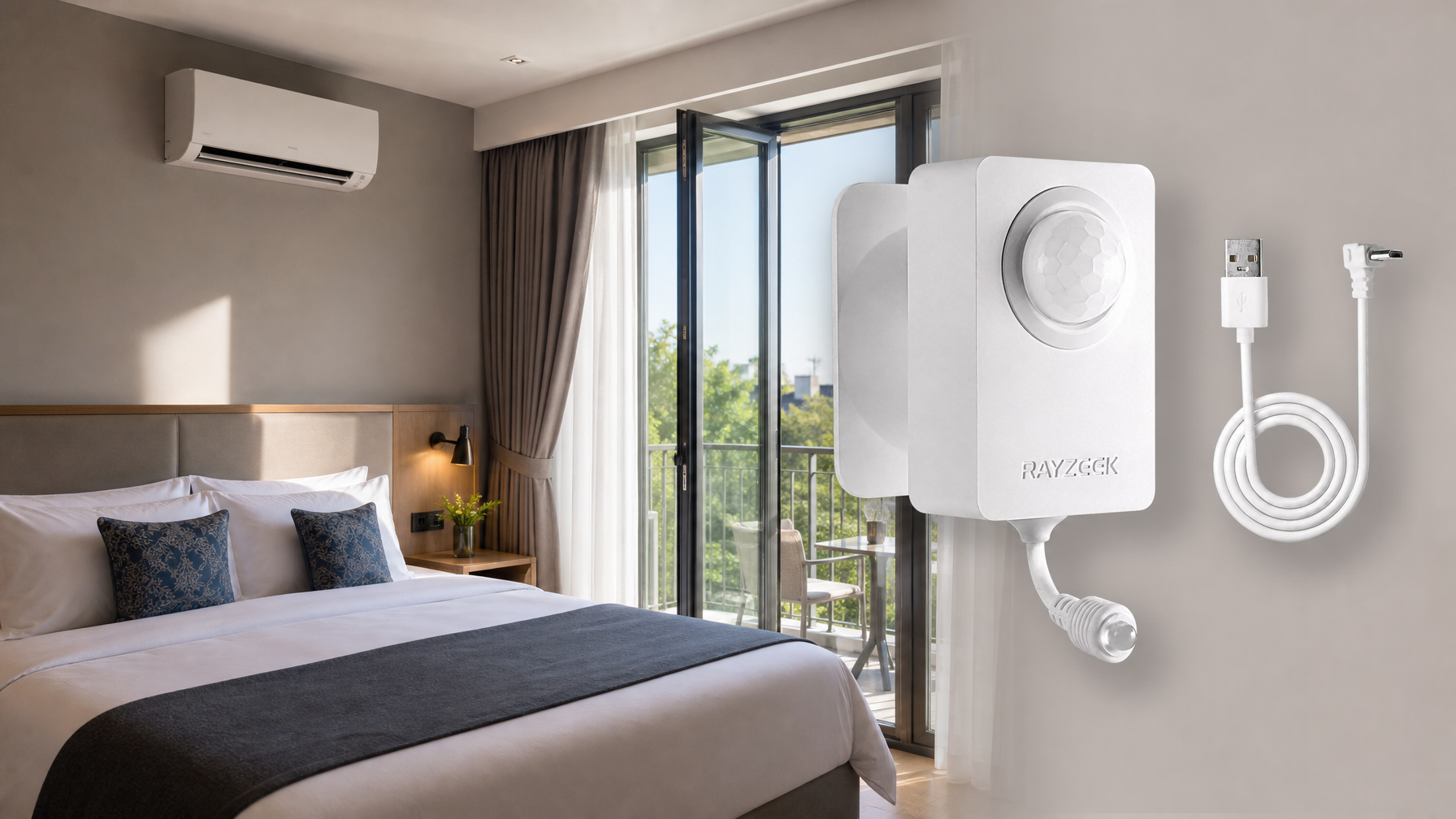 Rayzeek RZ050-DP product overlay in a boutique hotel split AC control application