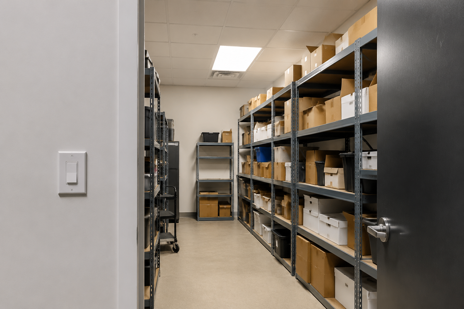Storage room doorway with existing wall switch and shelves beyond