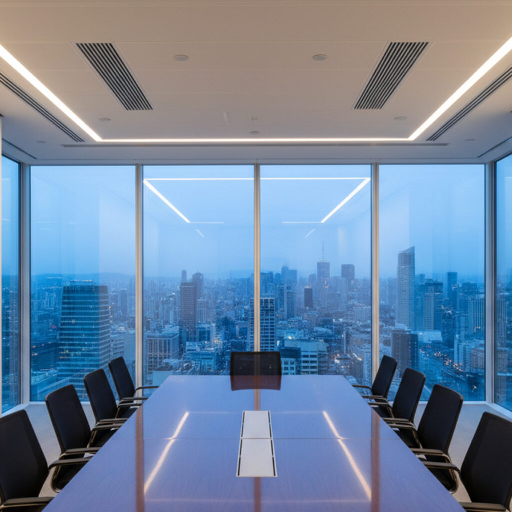 Commercial conference room ceiling HVAC vents for RZ037-DRY dry contact occupancy control context