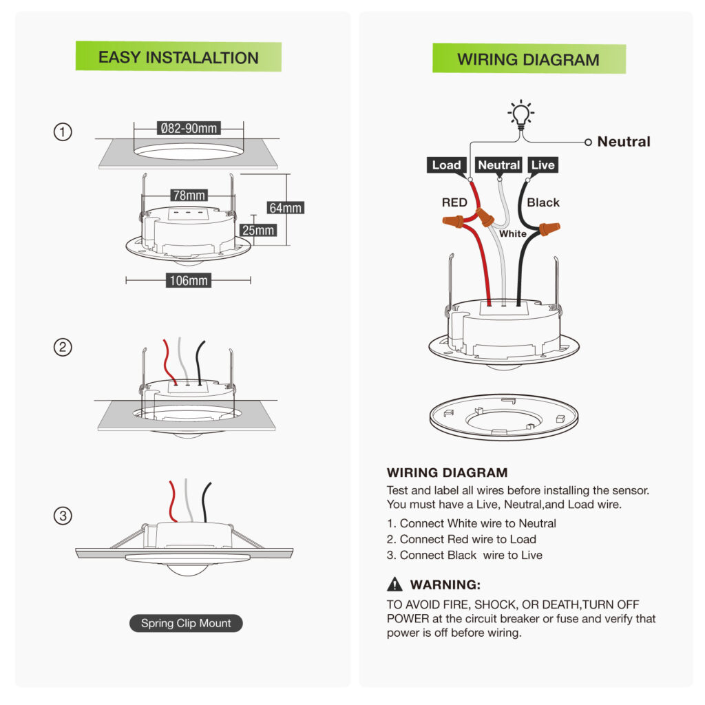 RZ038 AC line voltage wiring and spring clip installation diagram