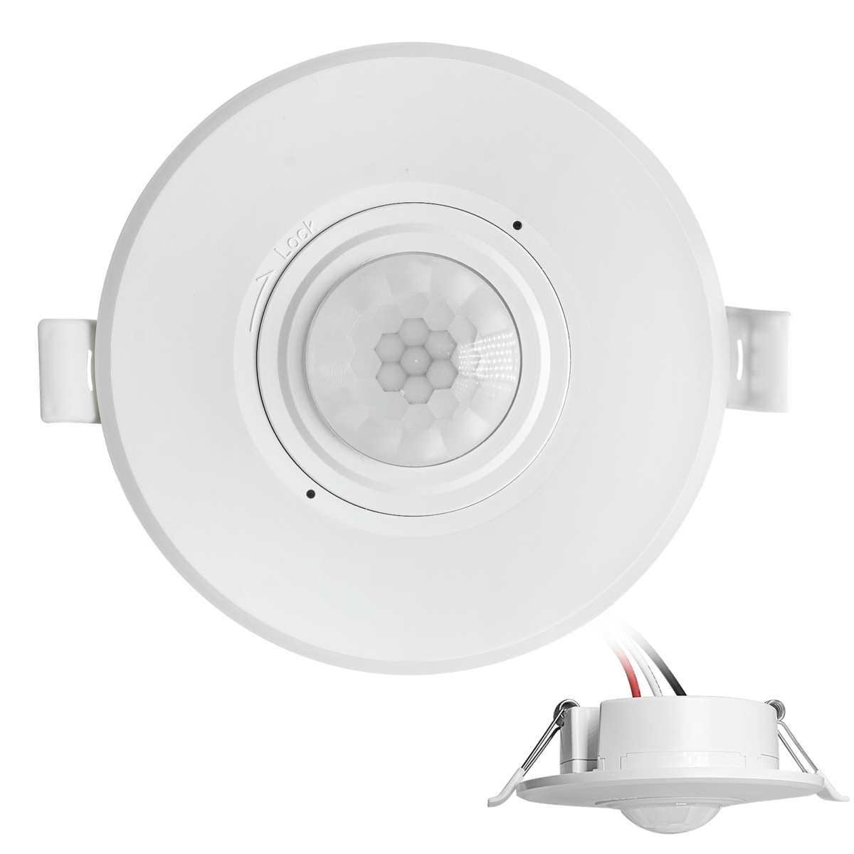 RZ038 recessed ceiling PIR motion sensor top and side view